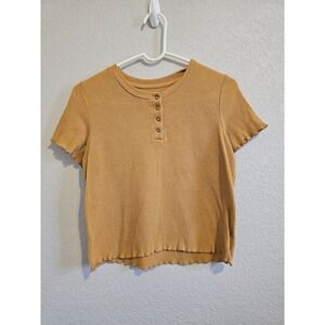 American Eagle Mustard Yellow Ribbed Henley Lettuce Edge Small Indie Artsy Crop